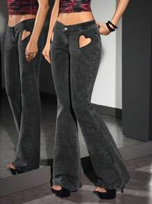 Jeanoix Women's Denim Super Low Rise Heart Cutout Flare Pants