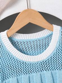 Minimalist Crew Neck Loose Cable Knit Long Sleeve Sweater For Everyday Wear, Autumn/Winter Pastel Sweater Blue And White Sweater - Blue - View 4