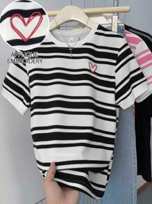 Women's Crew Neck Embroidery T-Shirt - Casual Crew Neck Top - Lightweight T-Shirt Suitable For All Seasons - White - View 3