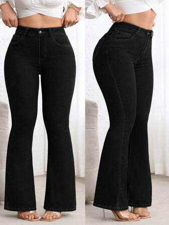 Flexra Plus Size High Waist Fitted Flare Leg Washed Dark Blue Jeans