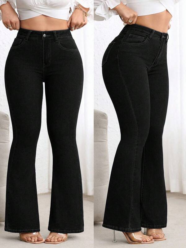 Flexra Plus Size High Waist Fitted Flare Leg Washed Dark Blue Jeans