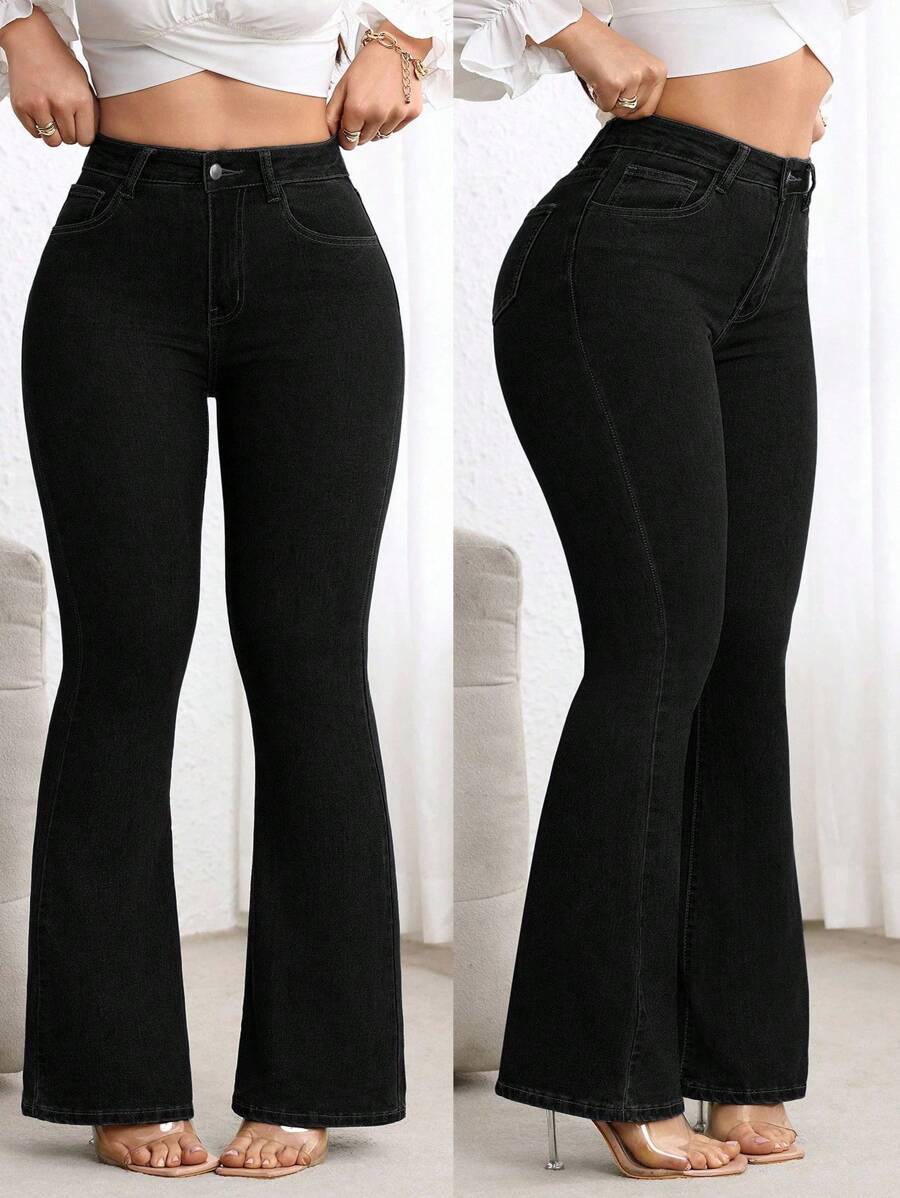 Flexra Plus Size High Waist Fitted Flare Leg Washed Dark Blue Jeans