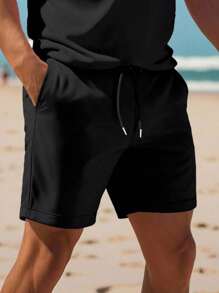 Manfinity Dauomo 男士休闲纯色短袖 Polo 衫和短裤套装，夏季舒适服装 - 黑色 - 查看 4