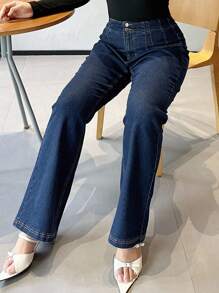 Dazy Plus 深洗蓝色弹力修身喇叭裤牛仔裤，适合全年穿着 - 深色水洗藍 - 查看 3