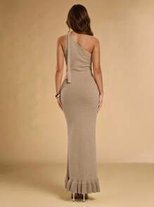 SHEIN BAE 1 件女式肩带荷叶边领口不对称毛衣裙 - 卡其色 - 查看 5