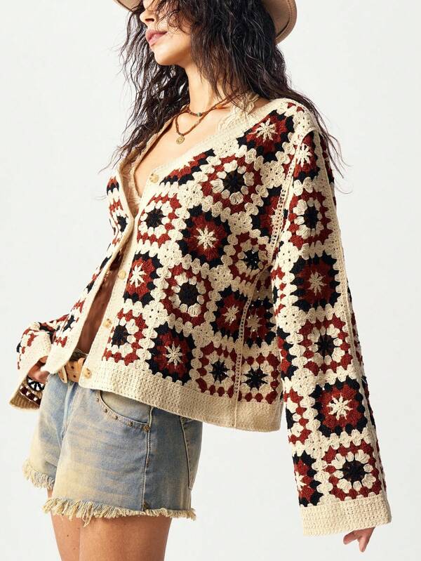 Bohemela Cardigan Longgar Lengan Panjang Bermotif Bunga Ukuran Besar untuk Wanita, Cardigan Rajut, Cardigan Sweater, Cardigan Motif Kotak Nenek, Cardigan Boho, Pakaian Musim Gugur untuk Wanita