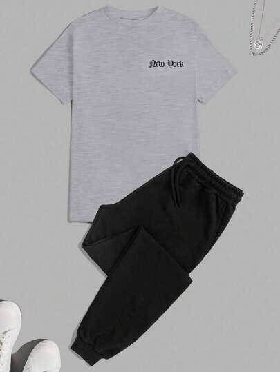 EURMUSE Heren T-shirt met ronde hals, korte mouwen en trekkoord in de taille, joggingbroek, casual pak