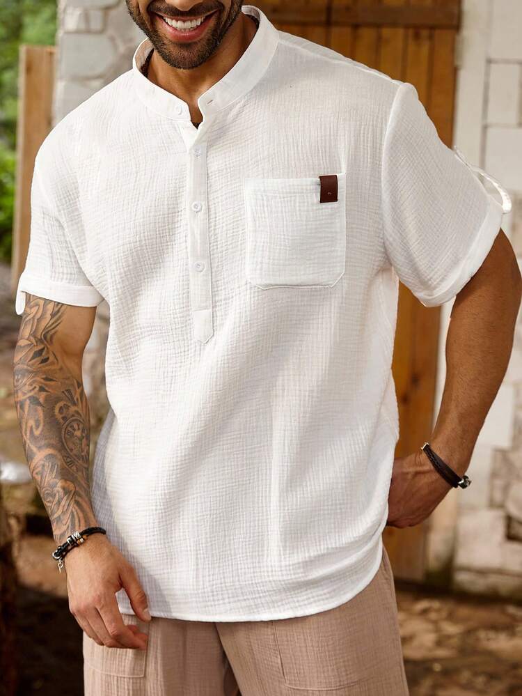 Manfinity Homme Camisa polo de manga corta casual de verano de talla grande para hombre, de unicolor y con bolsillo - Blanco - Añade 3
