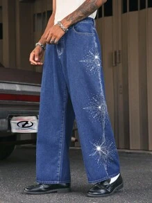 AXEPEAK Men's Long Straight Leg Rhinestone Embellished Jeans - Blue - View 5