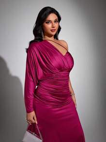 Viva Relle Party Plus Asymmetrical Neck Ruched Split Thigh Dress Fall Cloth For Women - Hot Pink - View 6