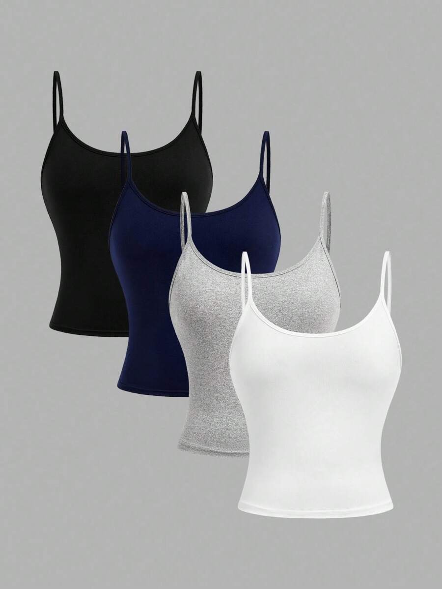 Girlism 4pcs Tween Girls' Casual Sports Minimalist Solid Color Fitted Cropped Camisole Tank Top Set