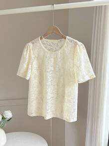 SHEIN Blusa holgada de manga abullonada de punto con encaje - Blanco - Ver 4