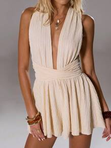 TRNVIE Women Summer Pink Sexy Texture Tie Strap Backless Bowknot Strap Beach Vacation Romper - Apricot - View 3