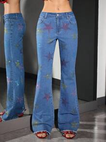 Jeanoix 女式休闲街头水钻星星图案超低腰喇叭裤 - 藍色 - 查看 1