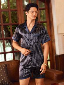 Men Random Polka Dot Print Satin Shirt & Shorts PJ Set / Pajama Set