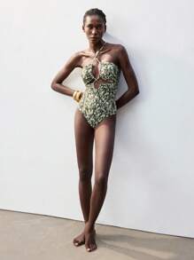 Maija 1 件女式度假全身印花镂空吊带连体泳衣，波西米亚风收腹泳衣，7 月 4 日泳衣 - 綠色 - 查看 8