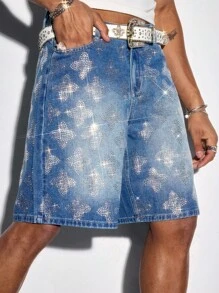 ROMWE MEN Street Life Quần short denim đính đá thời trang mùa hè cho nam - Màu xanh lam - Xem 7