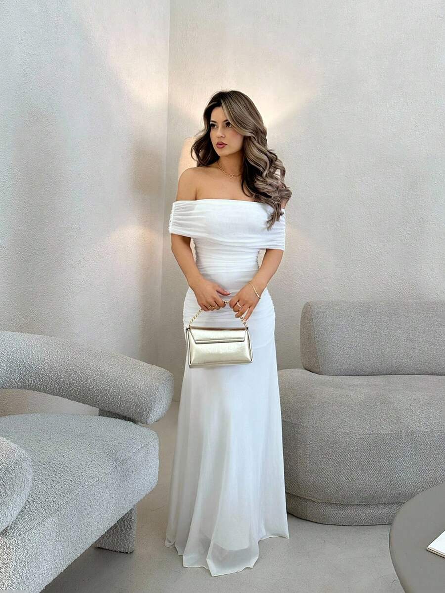 Jemour Women's Mesh Off Shoulder Ruched Waist Dress, Elegant For Wedding, Date Night - White - View 1