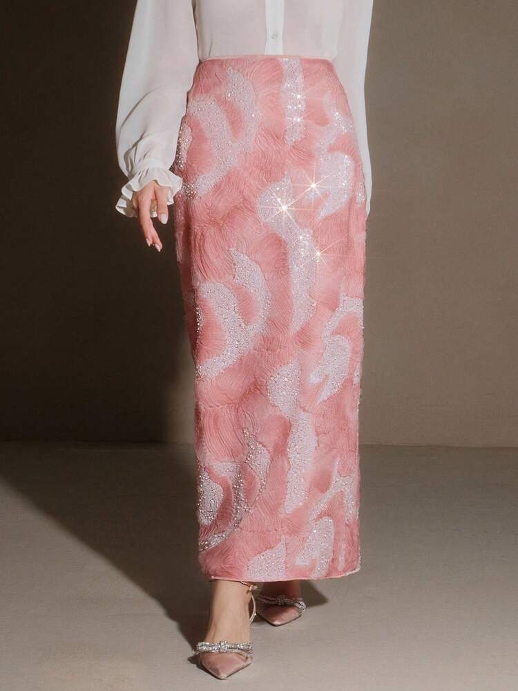 French Elegant Romantic Sequin Mesh Embroidery Abstract 3D Maxi Skirt, Niche Style