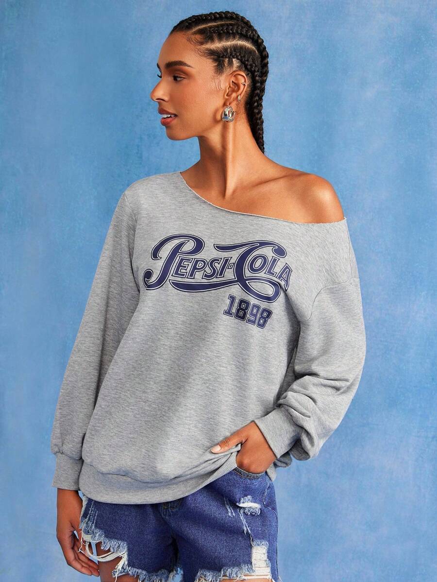 PEPSI X SHEIN 女士休闲日常字母印花斜肩卫衣