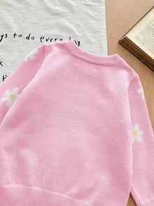SHEIN LMoss Kids LMoss 女婴可爱百搭紫色花卉图案长袖毛衣，秋冬款 - 粉色 - 查看 6