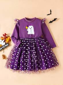 SHEIN Perso Play Kleine Mädchenkleid mit lila Mesh-Überlagerung, süßes Muster Druckdekor Puffärmel, essentiell für tägliche Ausflüge im Herbst