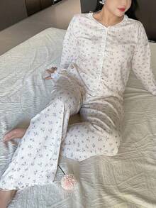 Dazy Plus 碎花蝴蝶结装饰长袖上衣和宽松裤子睡衣套装 - 杏色 - 查看 6