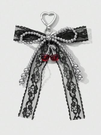 Kawaii 1pc Y2K Retro, Sweet & Gothic Style Handmade Beaded, CCB Black Lace Bow, Resin Cherry Pendant Keychain/Bag Charm, Suitable For Girls/Women, Daily Wear & Holiday Gift