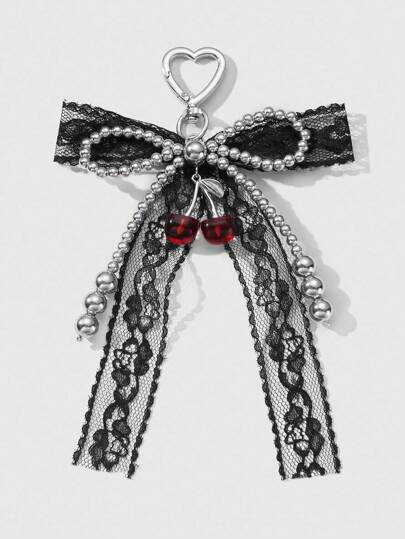 Kawaii 1 pieza Estilo retro Y2K, dulce y gótico, hecho a mano con cuentas, lazo de encaje negro de CCB, colgante de llave/accesorio de bolso con colgante de cereza de resina, adecuado para niñas/mujeres, uso diario y regalo de vacaciones, Halloween