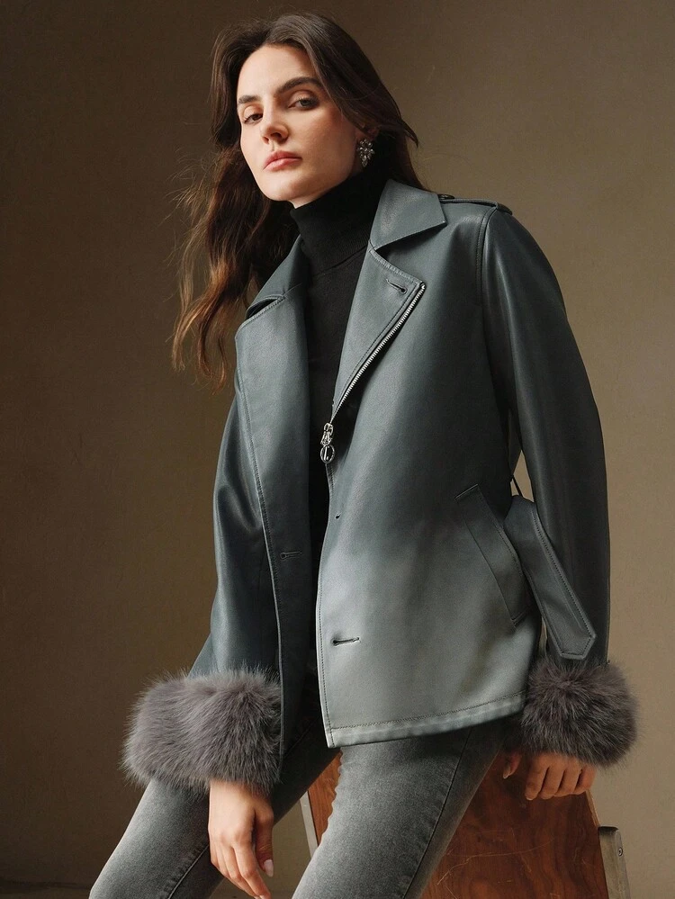 Chaqueta de cuero con cremallera en degradado gris, cuello desmontable de piel de conejo, cintura ceñida y puños, adecuada para otoño, invierno, salir, elegante, formal, fiesta, elegante, Año Nuevo, abrigo de invierno para mujer, Navidad, trabajo, graduación