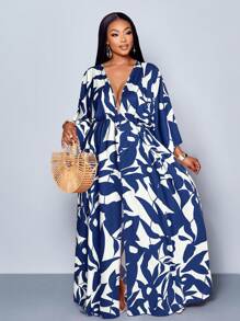 SOLERSUN 女士节日花卉印花 V 领长款优雅荷叶边袖荷叶边开叉大腿长裙，适合度假、约会和日常装扮 - 藏蓝色 - 查看 5