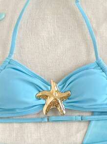 Tween Girl Knitted Blue Bikini Set With Beach-Ready Starfish Details Mermaid Outfit For Summer Vacation - Blue - View 3