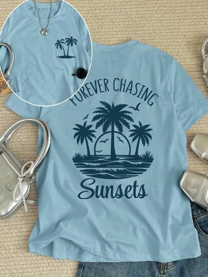 女式日落和棕榈树字母图案印花圆领短袖 T 恤，蓝色上衣，适合休闲、户外、节日穿着，四季皆宜