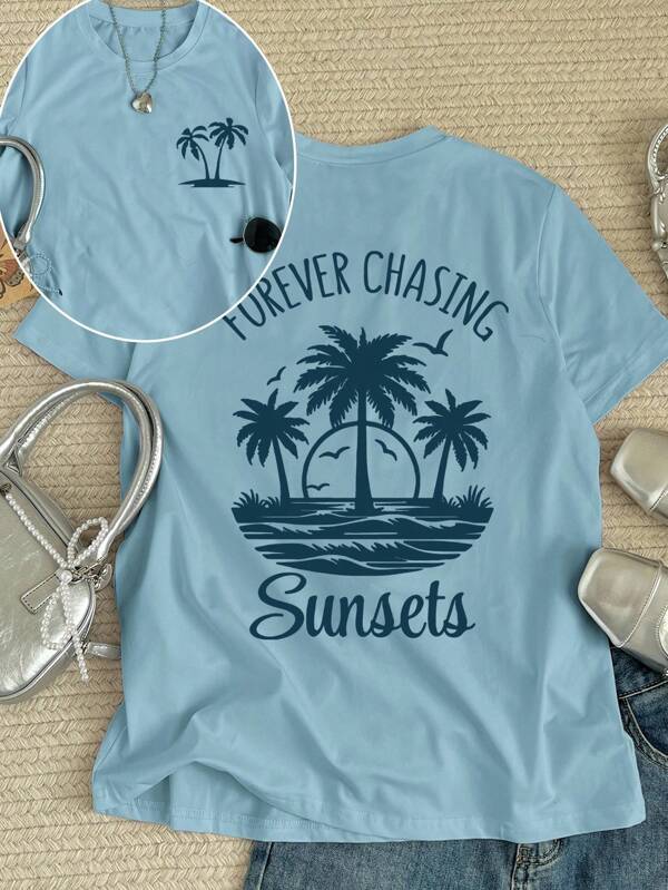 Women Sunsets & Palm Trees Graphic Short Sleeve T-Shirt,Navy Blue Floral,Summer,Casual,Beach,Vacation,Holiday Round Neck Top For Outdoor All Seasons