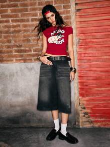 Astro Boy X ROMWE Y2K Sexy Cartoon Figure Print Ruched Asymmetrical Shoulder Tight Fit Women T-Shirt - Red - View 4