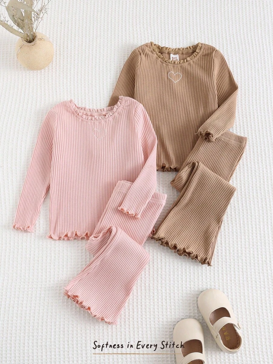 Cozy Pixies 4 pièces Ensemble Top à manches longues avec col rond, volants et pantalon large à motif en forme de cœur tricoté doux pour bébé fille