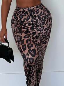 Alexandranx 優雅海灘度假豹紋彈性針織女人魚裙，緊身款式，具彈性腰帶 - 彩色 - 查看 3