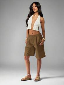 MISSGUIDED Bermuda Tailored Walking Shorts Casual Wide Leg High Waist Linen Feel Resort Wear Summer Autumn Spring Vacation Beach Bottoms - Brown - View 6