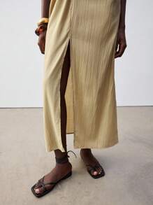 Maija 女式卡其色 V 领前扭纹肩带可调节春夏波西米亚休闲宽松连衣裙，双 V 型开衩设计，柔软舒适，百搭狂欢装，适合节日、热带假期、乡村音乐、伊比萨风格 - 杏色 - 查看 8