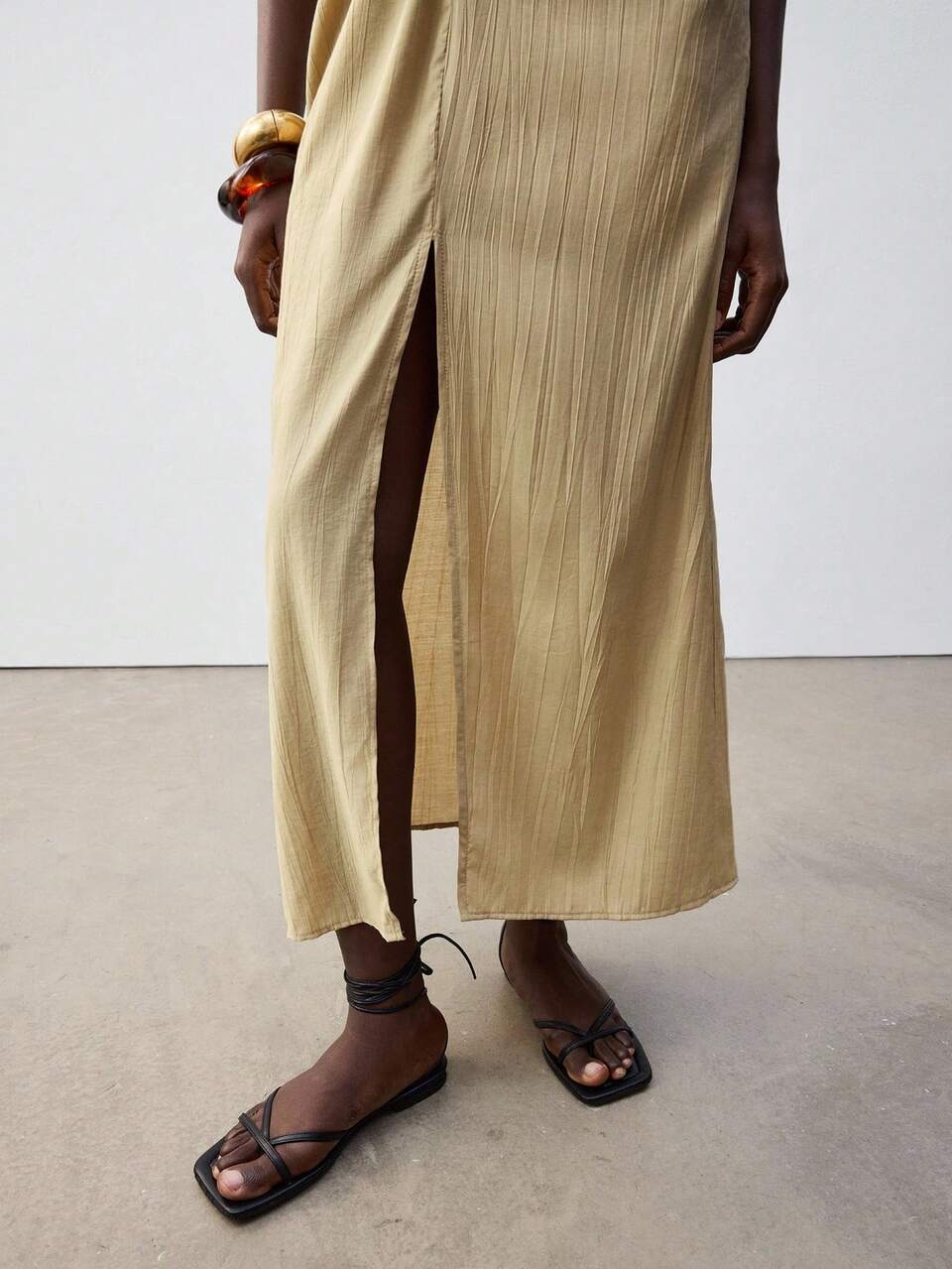 SHEIN Maija Women Elegant Khaki Summer Vacation Bohemian Casual Loose Dress,V-Neck Front Twist Adjustable Strap Double V-Shaped Design With Slit,Soft Beach Wear