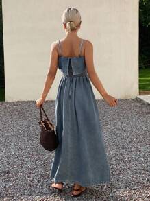 DAZY Vestido Feminino de Ganga com Cintura Franzida e Cinturada - Azul - Visão 2