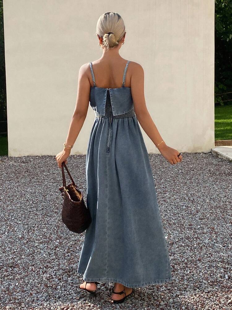 Women's Denim Ruffle Waist Cinched Waist Dress Maxi Dress