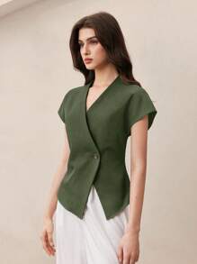 BizChic 2025 Autumn New Sage Green Metal Button V-Neck Short Sleeve Women's Blouse, Modern Elegant Urban Romantic Refined Rustic Music Festival Vintage Style, Airport Travel Wedding Guest Birthday Halloween Business Casual Office Date Party Outing Back To School Fall - Army Green - View 7
