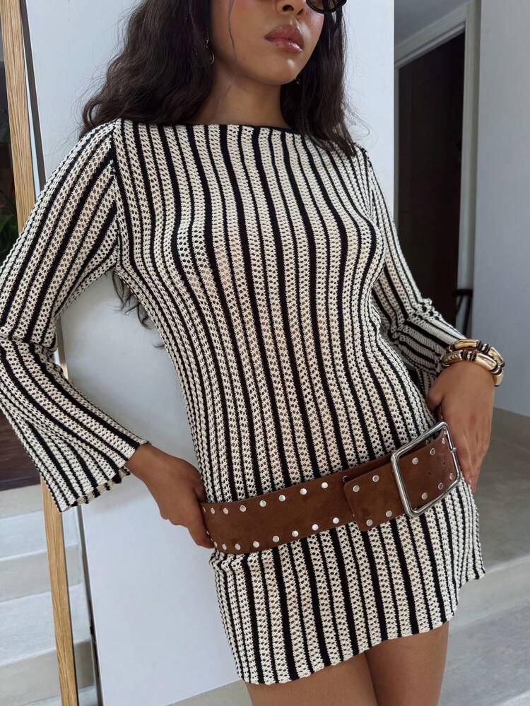 AiiRZ Knitted Beachwear Mini Dress Crochet Pattern Open Back Long Sleeve Fall Party Night Out Autumn Winter Striped