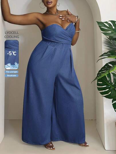 Slaydiva Bộ đồ liền thân denim ống rộng xếp ly cỡ lớn cho nữ