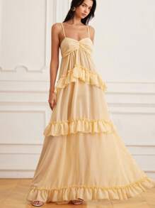 EMERY ROSE 阳光乡村风格黄色雪纺吊带裙，三层荷叶边飘逸轻盈雪纺，迷人的野餐/约会连衣裙 - 淡黃色 - 查看 3