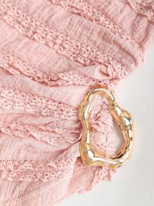 Sweetra 女士春夏新款适合海滩度假纹理面料不对称露肩设计杏色金属纽扣装饰衬衫 - 粉色 - 查看 5