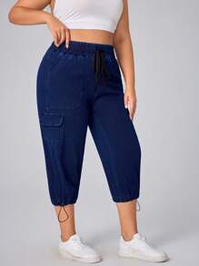 Flexra 大码女式抽绳腰锥形七分牛仔裤 - 藍色 - 查看 5