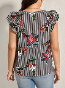 Comfylo Blusa casual de rayas con cuello en V, volantes y corazón, ideal para el Día de San Valentín, verano y primavera, tallas grandes para mujer