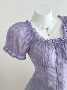 Elamini White Eyelet Embroidery Elegant Waist-Cinching Short Sleeve Blouse, Suitable For Summer - Purple - View 5